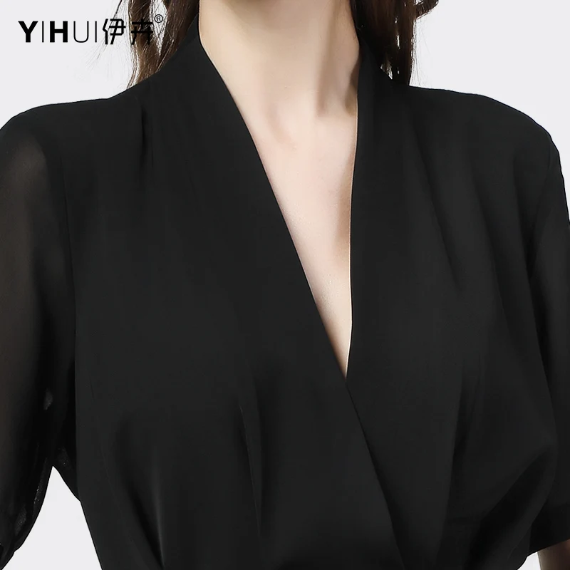 Elegant Women\' Mid-Length Black Tuxedo Shirts Fitted Waist Long Tail Chiffon Top Slimming Fashion Irregular V-Neck Summer Blouse