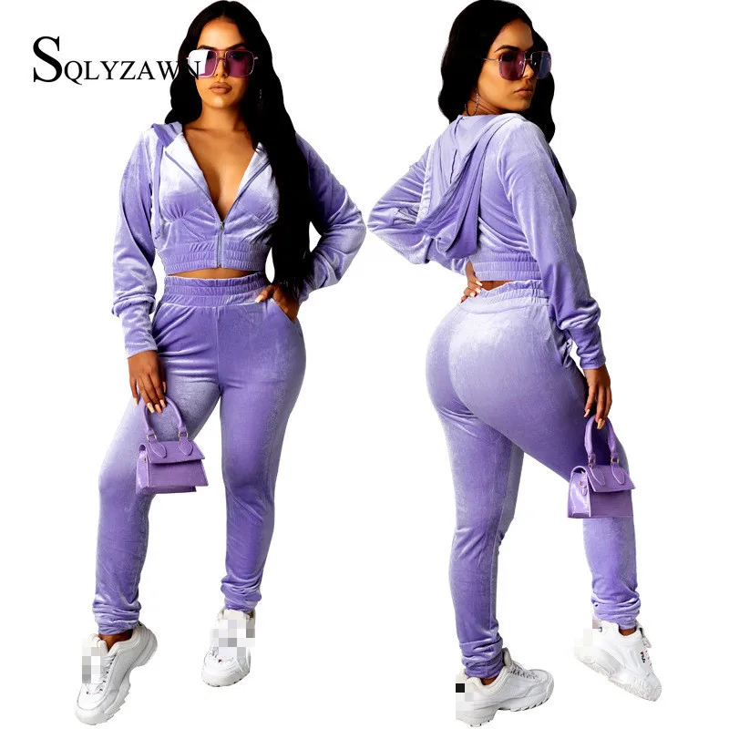 Velvet Suit Famale Autum Long Sleeve Cropped Jacket Trousers Casual Women Purple Blue Loose Sporty Set Velour 2ps Matchig Set