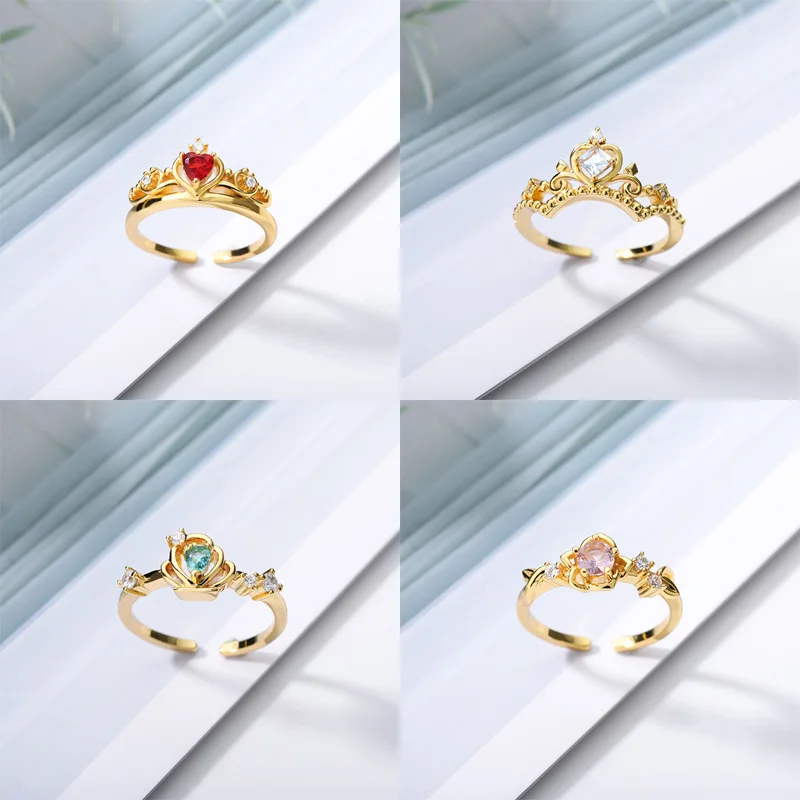 Imagen: Anillo de princesa de ensueño para mujer, Serie de corona, anillos de flores ajustables, joyería de boda de compromiso para mujer, gemas rojas de corazón, Bijoux, regalos de amor