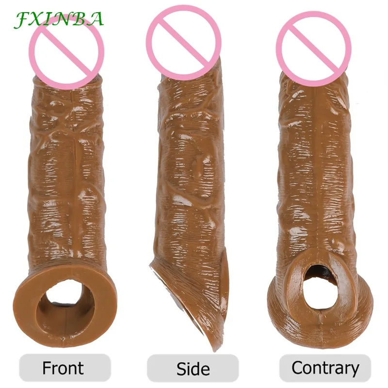 FXINBA 21cm Realistic Penis Sleeve Extender Large Reusable Penis Condom Delay Silicone Extension Sex Toy for Men Cock Enlarger