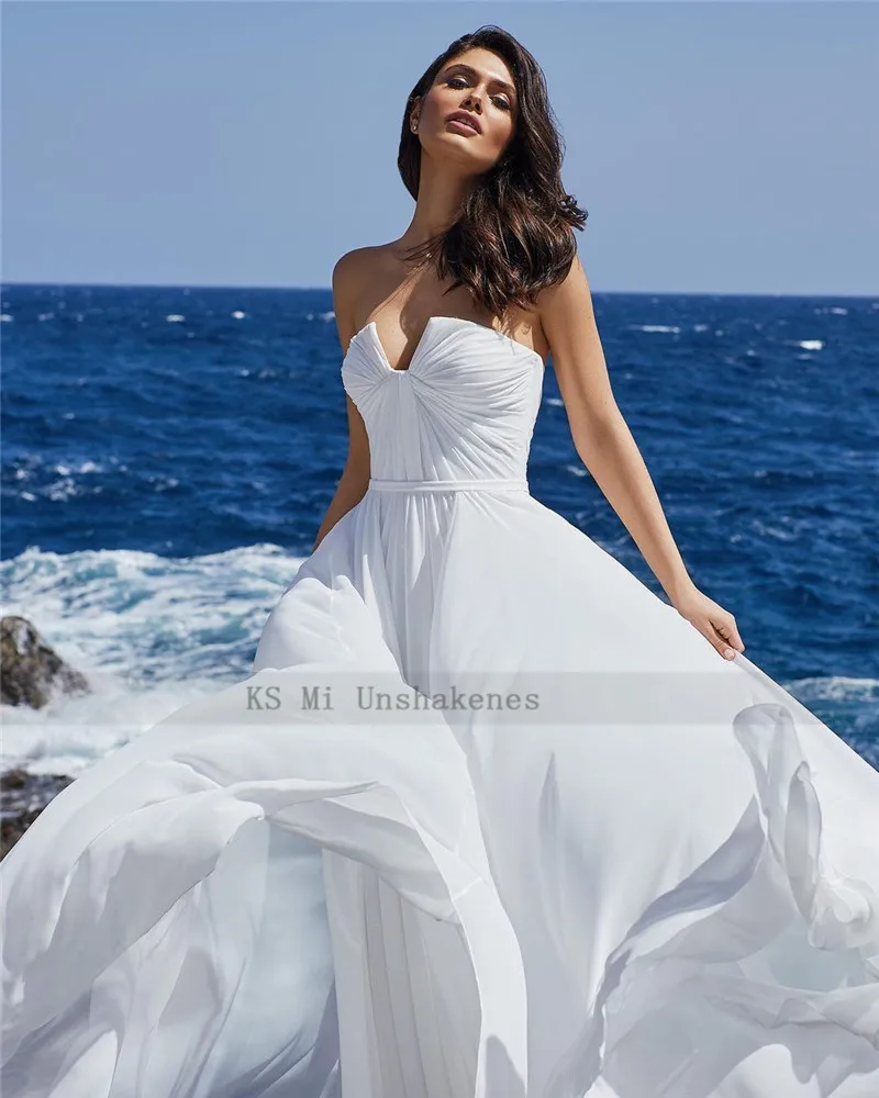 Abito da sposa economico bianco semplice abiti da sposa in Chiffon da spiaggia 2021 Vestido de Noiva A Line abiti da sposa estivi Boho pieghettato