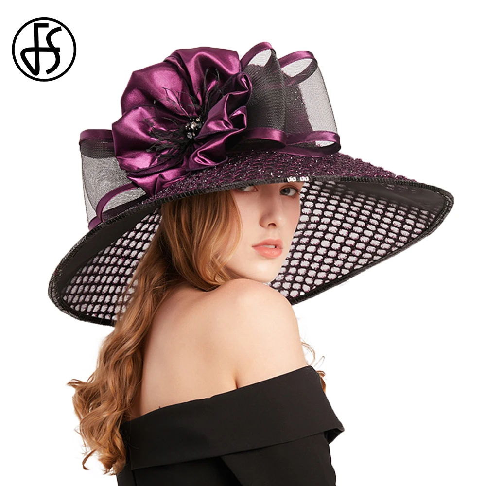 

FS Purple Wide Brim Big Church Hats For Women Elegant Aurumn Woman Fedoras Organza Party Cap Flower Kentucky Dress Hat