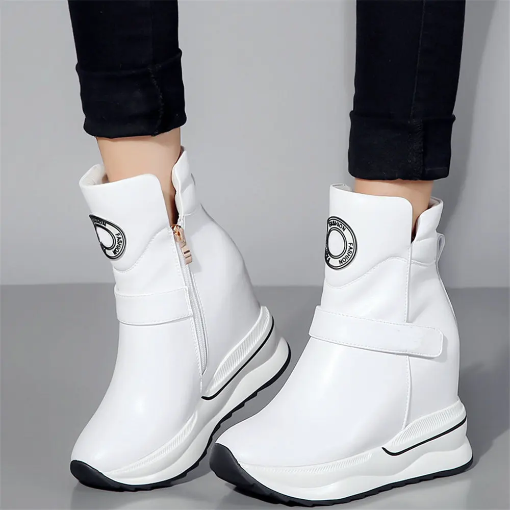 Black White Pumps Shoes Women Cow Leather Wedges High Heel Ankle Boots Female High Top Round Toe Fashion Sneakers Casual Shoes