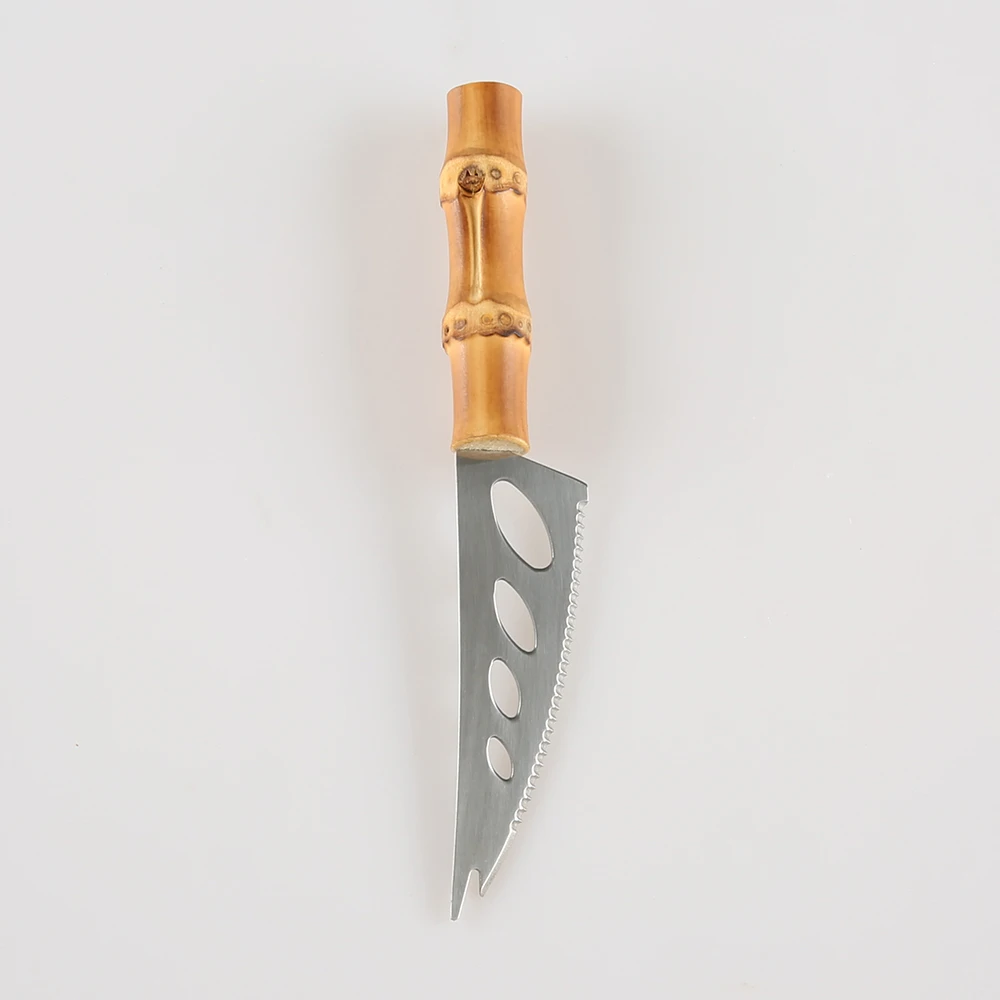 Stainless Steel Serrated Hollowed Holes Bamboo Root Wooden Handle Toast Pizza Dessert Cake Cheese Bread Mini Small Forking Knife