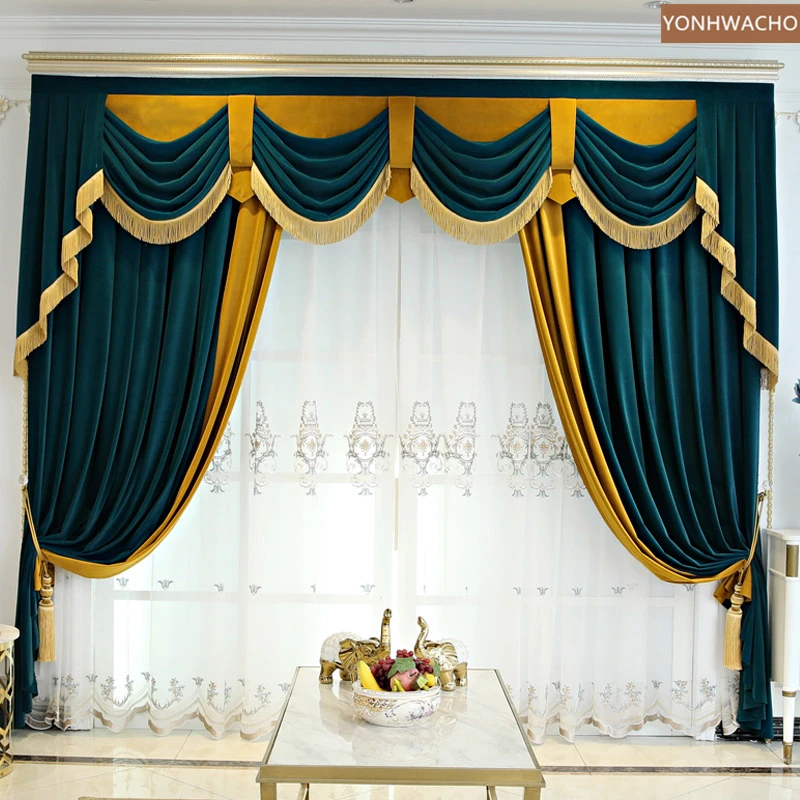 

Custom curtain luxury palace European thick velvet bedroom villa blue cloth blackout curtain valance tulle panel C476