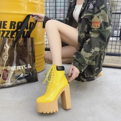 New Neon Yellow Ankle Boots For Woman Lace-up Platform Botas Mujer 2020 Pointed Toe High Heels Sexy Autumn Winter Boots Ladies