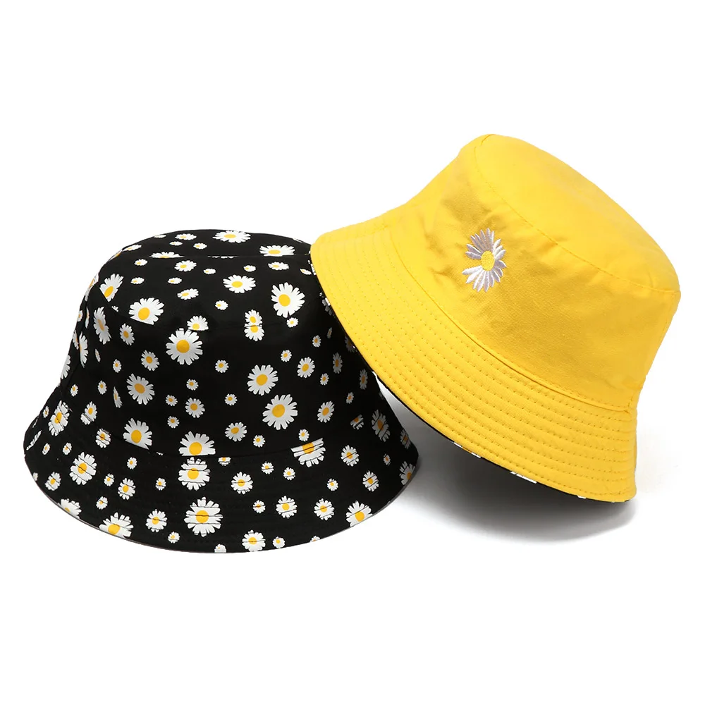 Summer Daisies Bucket Hat Women Fashion Cotton Beach Sun Hats Reversible Bob chapeau Femme Floral Panama Hat Fisherman Cap