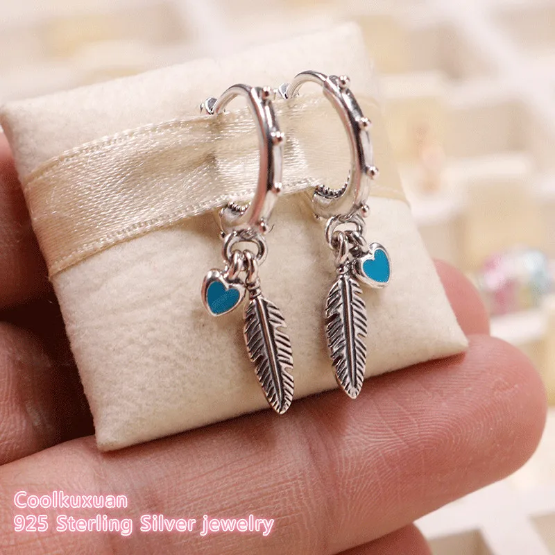  Summer 100% 925 Sterling Silver Spiritual Feathers Earrings, blue colour Enamel Original European Style Brand Jewelry