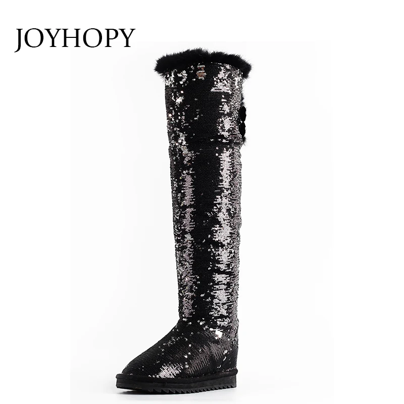 

2019 Winter Personalized Sequin Fabric Snow Boots Women Rabbit Hair Over The Knee Shoes Female Fur Lining Plush Long Boots WB064