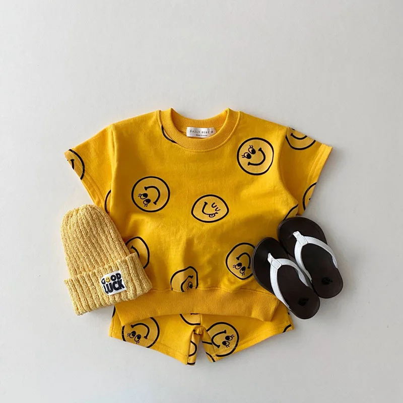 2023 Summer New Cotton Baby Clothes Set Boys And Girl Cute Smile Print Tops + Shorts 2pcs Kids Children Clothing Suit