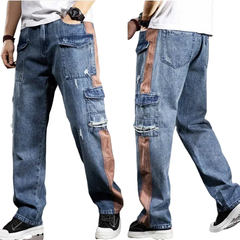 Multi-Pocket Loose Cargo Jeans Men Straight Fashion Wide-Legged Denim Pant Patchwork Baggy Jeans Size 29-40