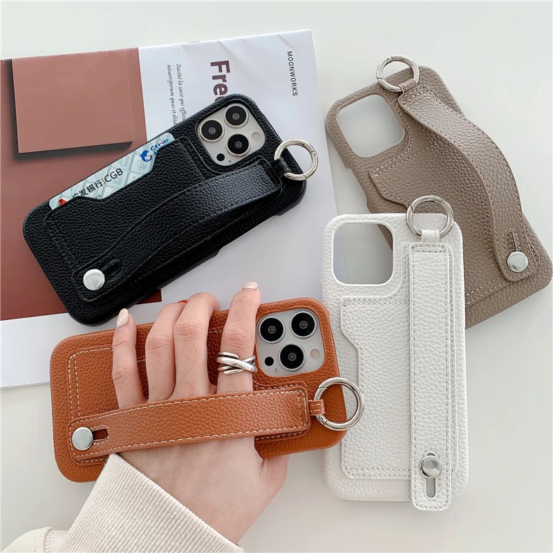 Luxury card holder wrist strap leather wallet phone case For iphone 16 15 14 pro 16Pro Max 13 11 12 Mini x xr Protective cover