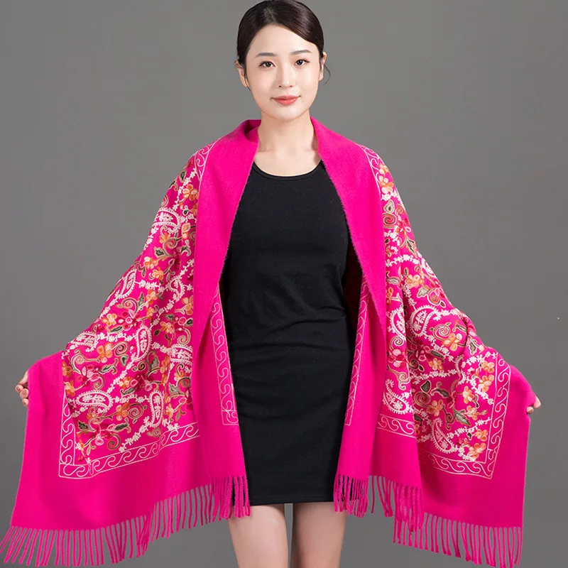 New Women Elegant Embroider Flower Fringed Shawl Long Soft Cashmere Pashmina Scarves All-match Travel Thick Blanket Wraps Scarf