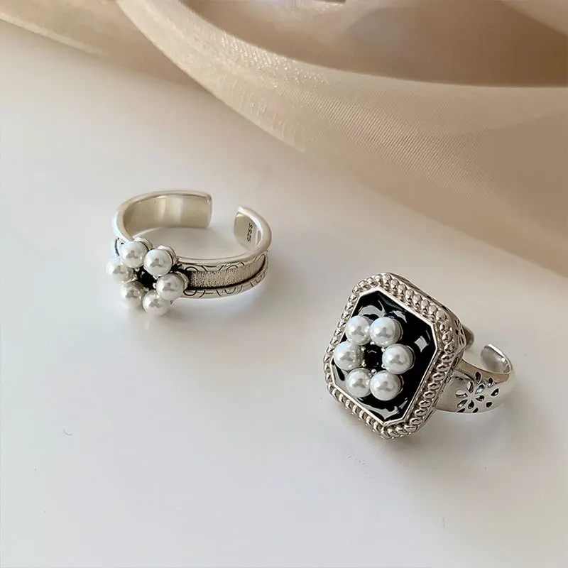 S925 Sterling Silver Rings for Women Fashion Simplicity Geometry Pearl Flower Adjustable Opening Rings Jewelry Wholesale