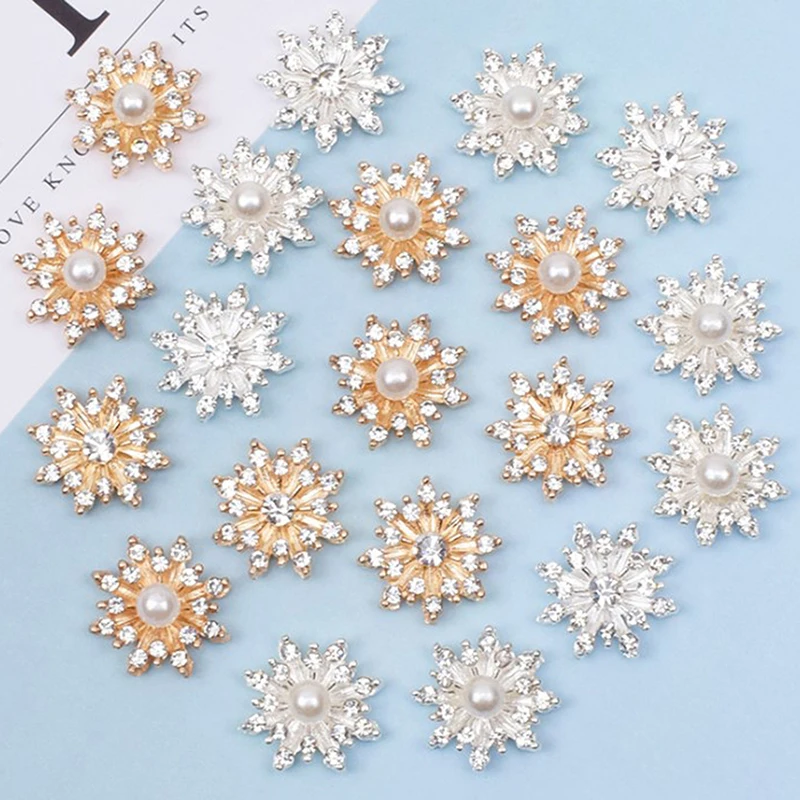 10pcs Snowflake Cabochon Pearl Metal Base Strass Glitter Rhinestone Buttons For Clothing Accessories DIY Crafts 16*16MM