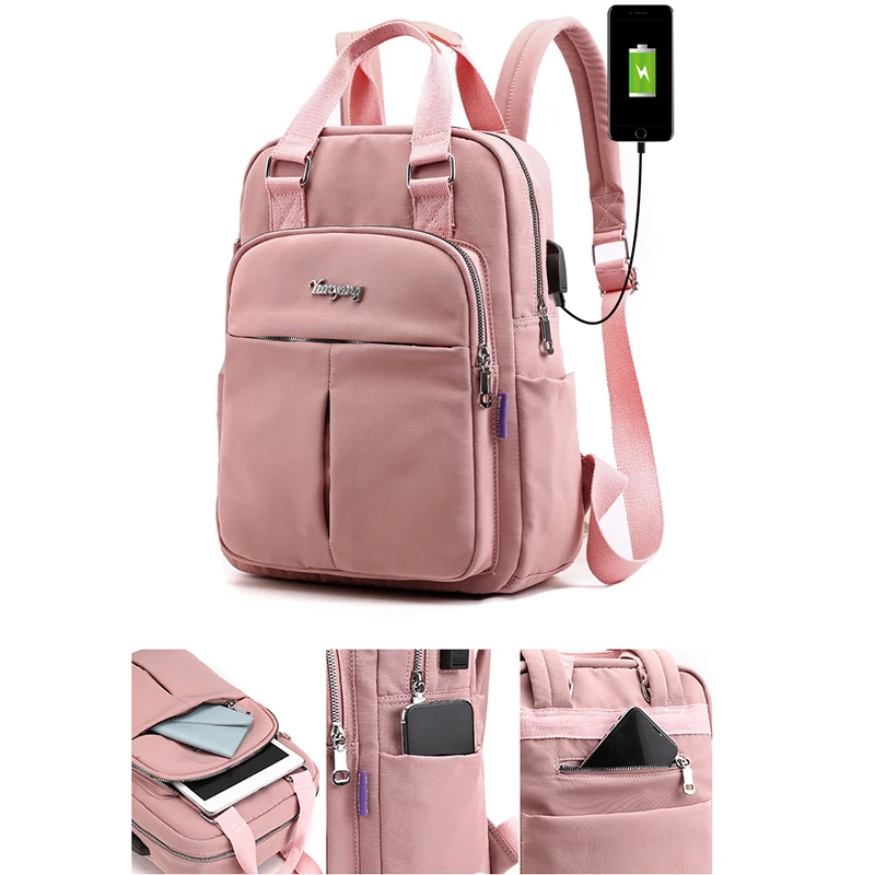 High Capacity Nylon Women Backpack Travel Bag,College Bookbag,USB Charging Port,Water Resistant,Swiss-Multifunctional Travel Bag