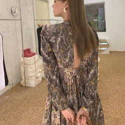 2021 New Spring  Women Backless Long Floral Dress High Waist V Neck Full Sleeve A-Line Vintage Midi Dresses