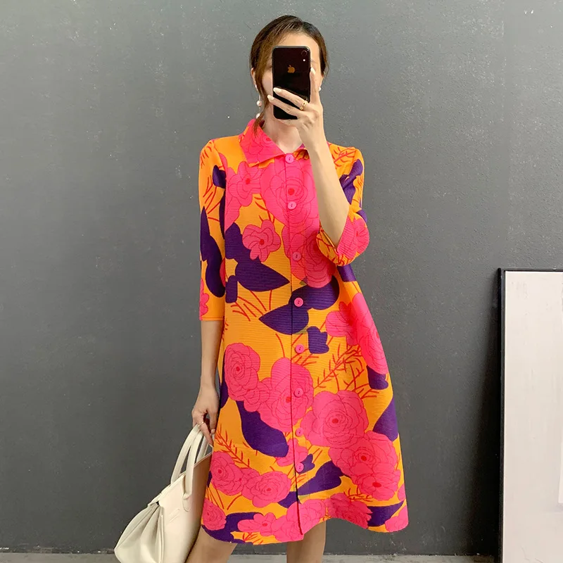 

miyake pleated casual printed long dress 2021 autumn new chinese style european station fashion three-quarter sleeve skirt