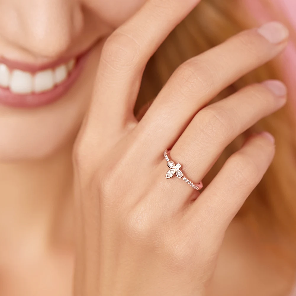 ATHENAIE Trendy 100% 925 Sterling Silver Color Rose Gold Clear CZ Clover Rings for Women Silver Jewelry For Women Wedding