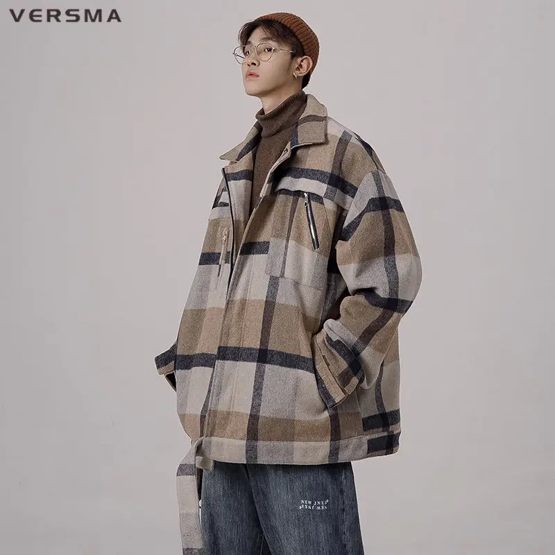 VERSMA Korean Ulzzang Lamb Wool Winter Jacket Coat Men Plaid Retro Thick Warm Cotton Couple Teen Jacket Men Parka Youth Clothes