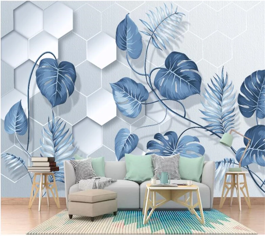 wellyu Custom mural three-dimensional relief hand-painted blue fresh tropical plant leaves living room background wallpaper