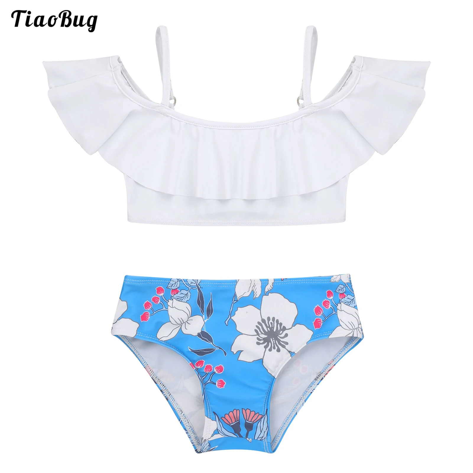 TiaoBug Summer 2Pcs Kids Girls Swimming Suit Adjustable Spaghetti Straps Off Shoulder Ruffle Hem Adorned Cropped Top With Briefs