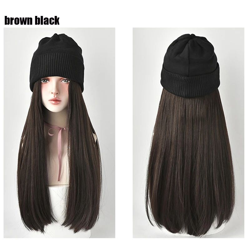 Long Synthetic Beanies Hat With Hair Wigs For Women 24inch Straight Hair Synthetic Wig Warm Soft Ski Knitted Autumn Winter Cap