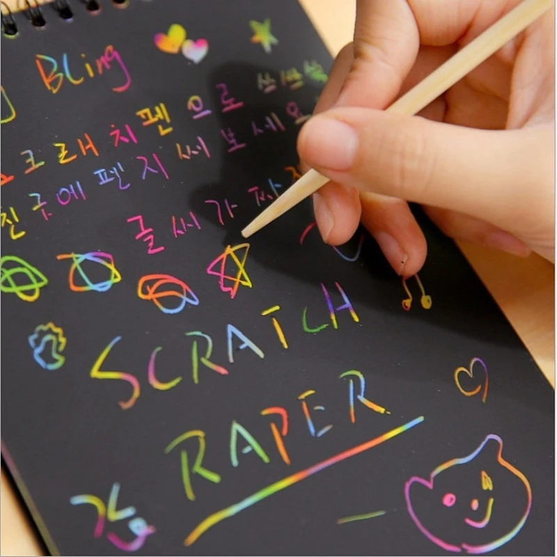 100Pcs/set Mini Magic Color Rainbow Scratch Paper Black DIY Drawing Toys Painting Book For Kids Fashion Scratch Paper Supplies