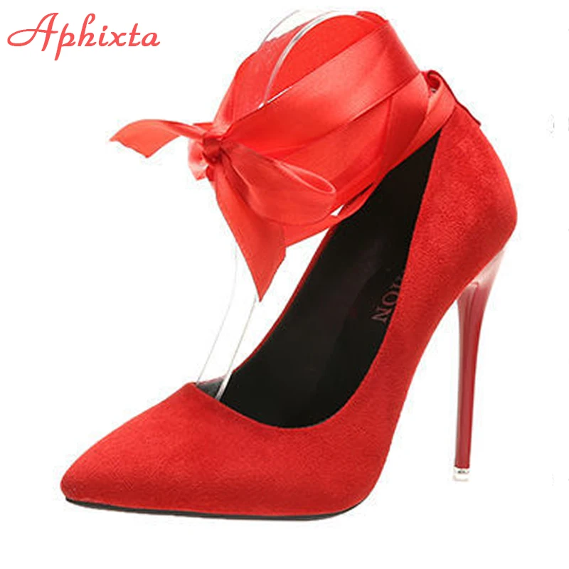 Aphixta 2022 Super High Stiletto Heels Webbing Pimp Pumps Women Shoes 12cm Pointed Toe Office Flock Ribbon Female Pumps