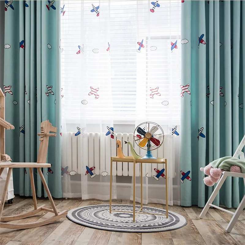 Cartoon Airplane Embroidered Blue Blackout Curtain For Kids Children Bedroom Living Room Luxury White Tulle Window Drapes M102D3