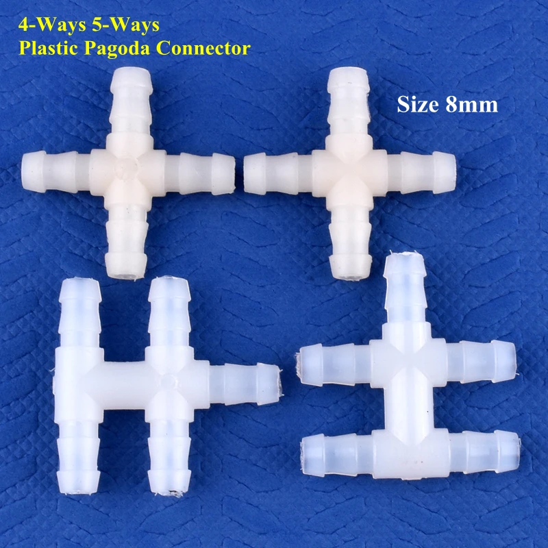 5~200pcs 8mm 4Ways 5Ways Hose Connector Drip Irrigation Water Pipe Joint Aquarium Tank Adapter Air Pump Equal Dia Pagoda Joints
