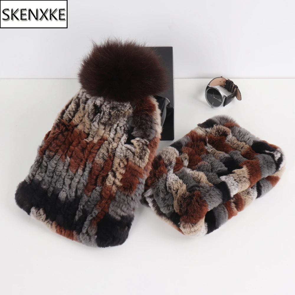 

2023 New Fashion Knitted Good Elastic Real Fur Scarf Hat Sets Women Winter Warm 100% Natural Rex Rabbit Fur Scarves Hats Sets
