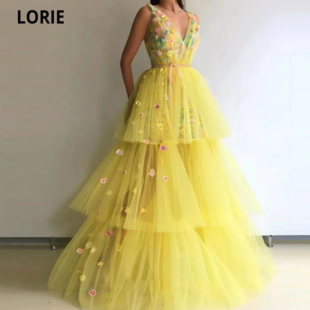 LORIE 3D Flowers Yellow Prom Dresses Long Double V Neck Sleeveless Tiered Formal Evening Party Gown A-line Beach Princess Dress