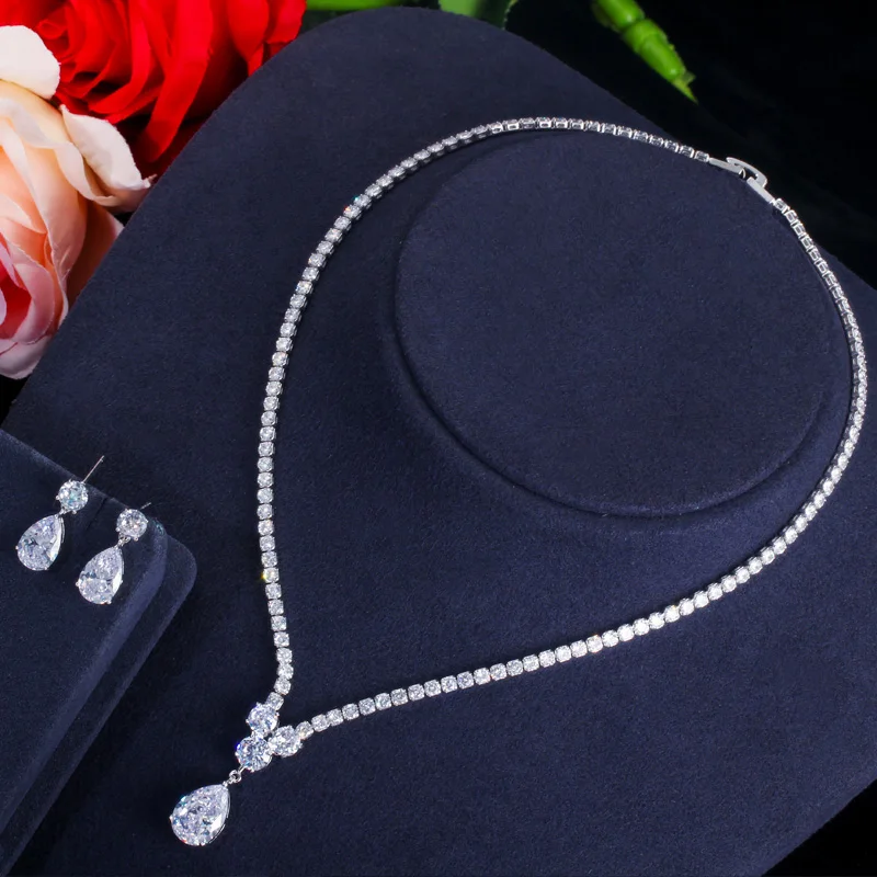 CWWZircons Modische Cubic Zirconia Wassertropfen-Anhänger Halskette und Ohrringe Brautschmuck-Sets für Bräute Party T397 – Detail 5