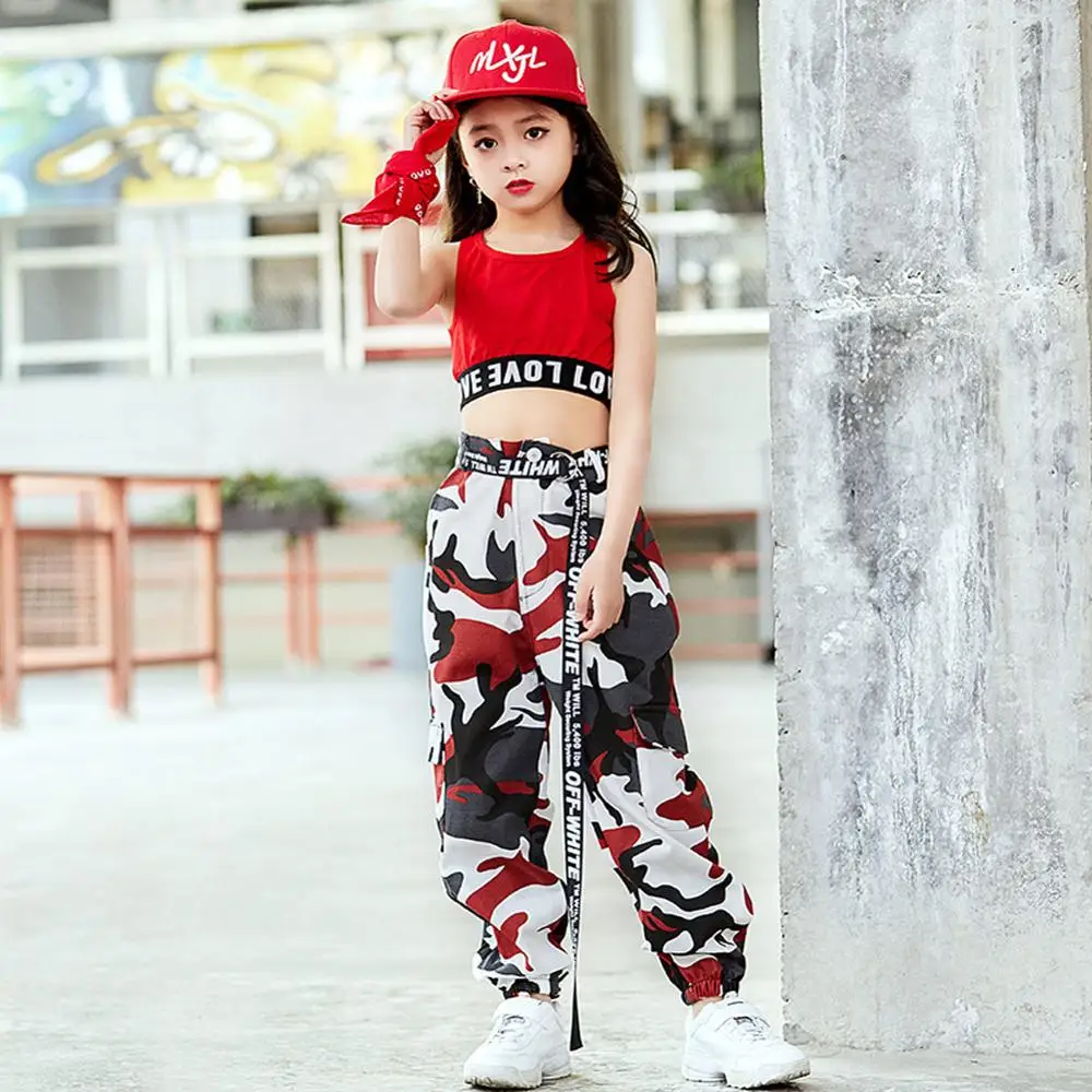 LOLanta Girls Hip Hop Street Dance Solo Clothes Cropped Tank Top/Camouflage Jogger Pants