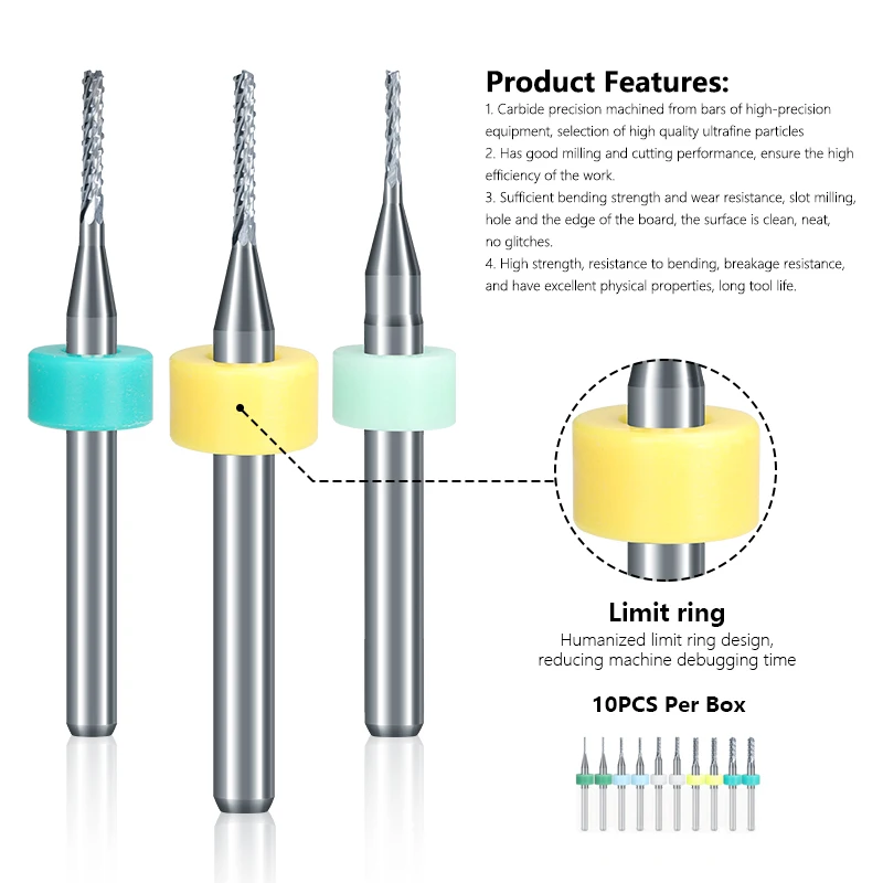 XCAN PCB Milling Cutter Set 0.5-3.0mm Carbide End Mill 10pcs Router Bit for PCB Machine Milling Tools