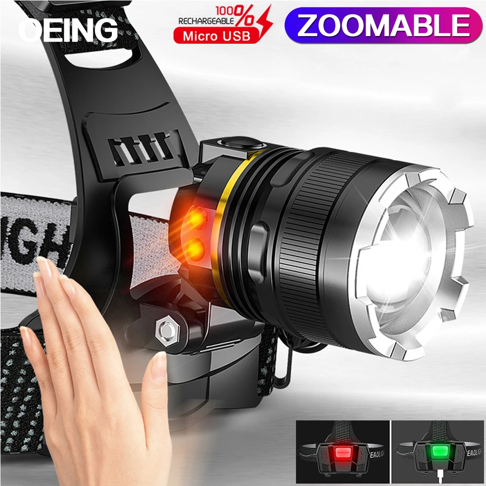 

80000LM Rechargeable Headlamp Motion Sensor Zoomable Waterproof Headlight 90° Rotatable 18650 Battery Head Torch Fishing Camping