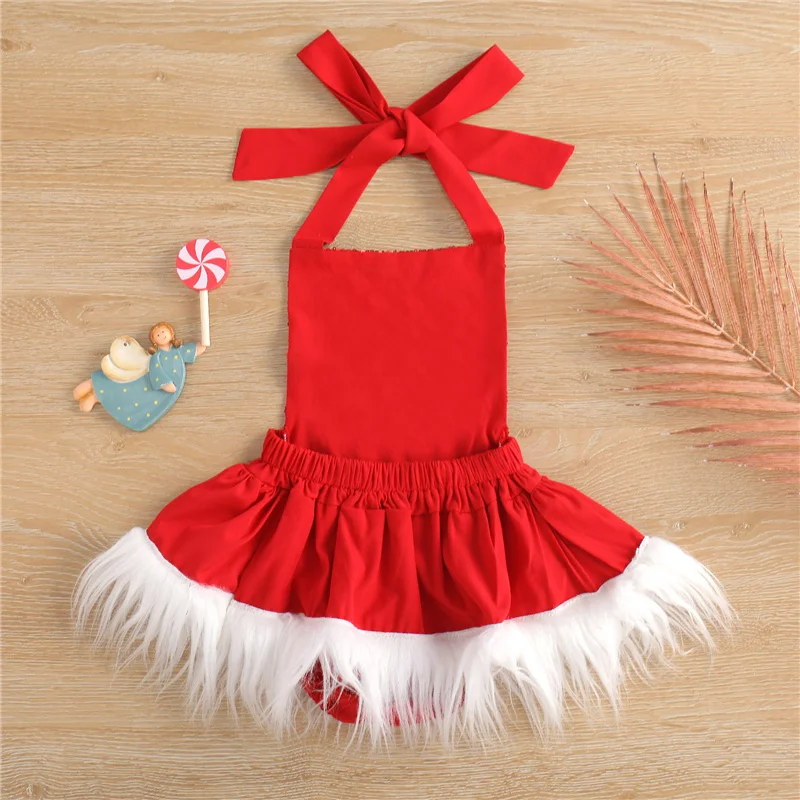 Blotona Baby Girl Sequins Romper Dress, Christmas Plush Santa High Waist Hanging Neck Plaid Loose Backless Midi Dress 0-24Months