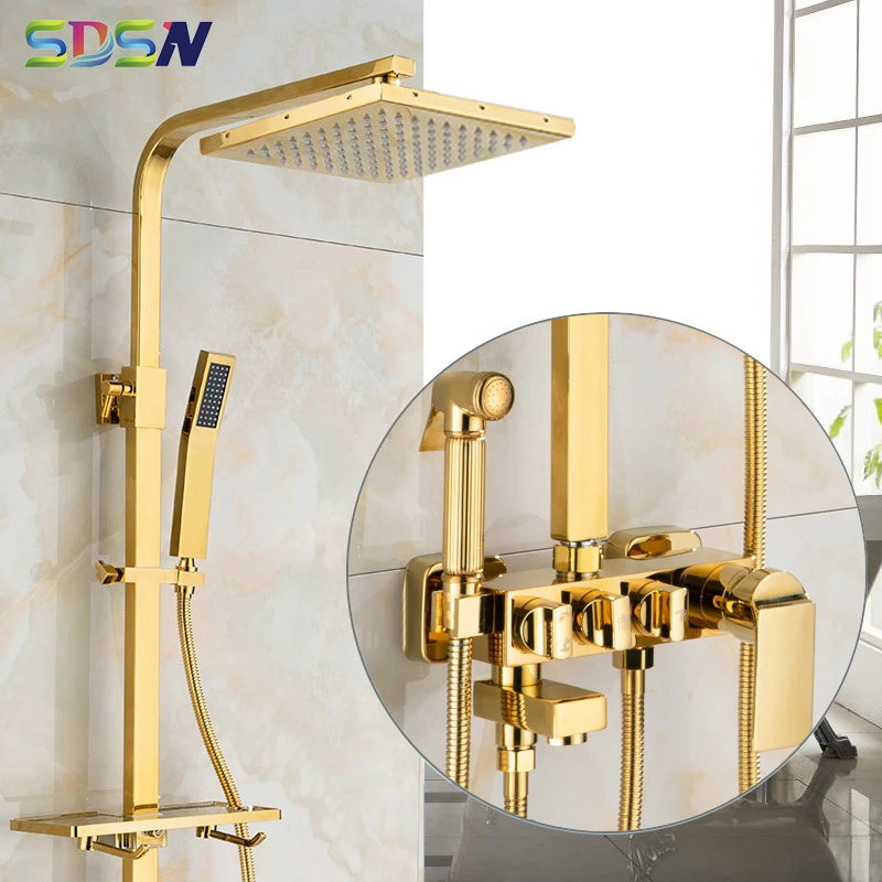

Gold Thermostatic Shower Set Square Bathroom Shower Head Rainfall Spa Top Shower Quality Brass Shower Faucet Gold Shower System