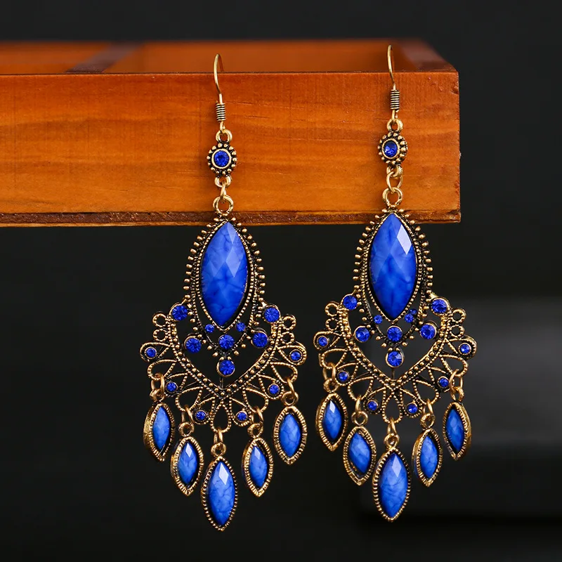 Vintage Women\'s Alloy Hollow Red Rhinestone Tassel Wedding Earrings Danglers Boho Ethnic Geometric Earrings Indian Gypsy Jewelry