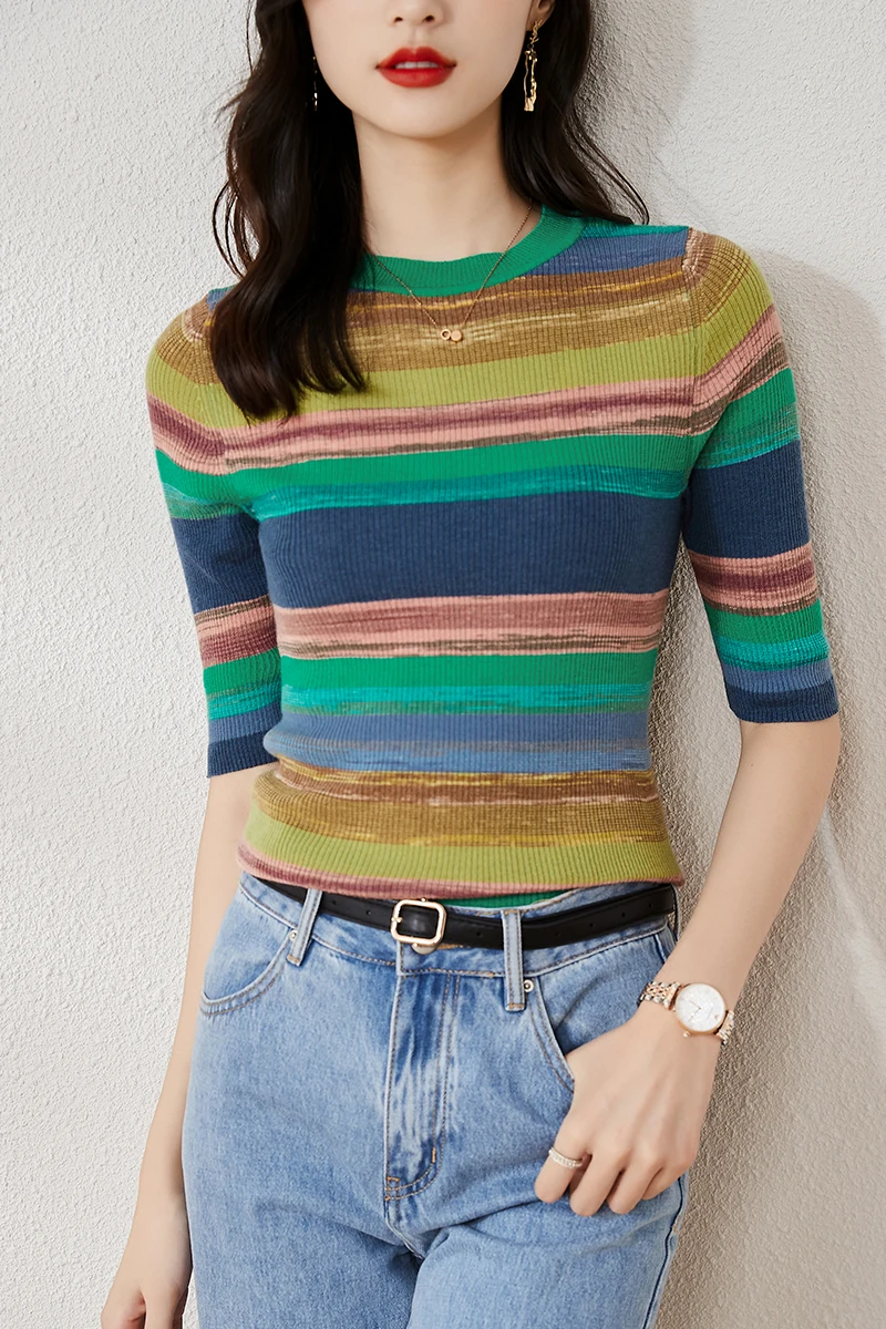 

Women's 100% Wool Tees Summer & Spring Fashion Stripes Knit T-Shirt Slim Lady Half Sleeve Patchwork Colors Knitwear Blouse Tops