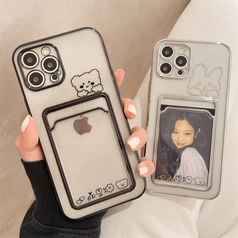 Photo Card Pocket Bag Wallet Case For iPhone 13 11 12 14 15 Pro Max XS XR X 8 7 Plus Plating Cute Bear Rabbit Soft Phone Cover