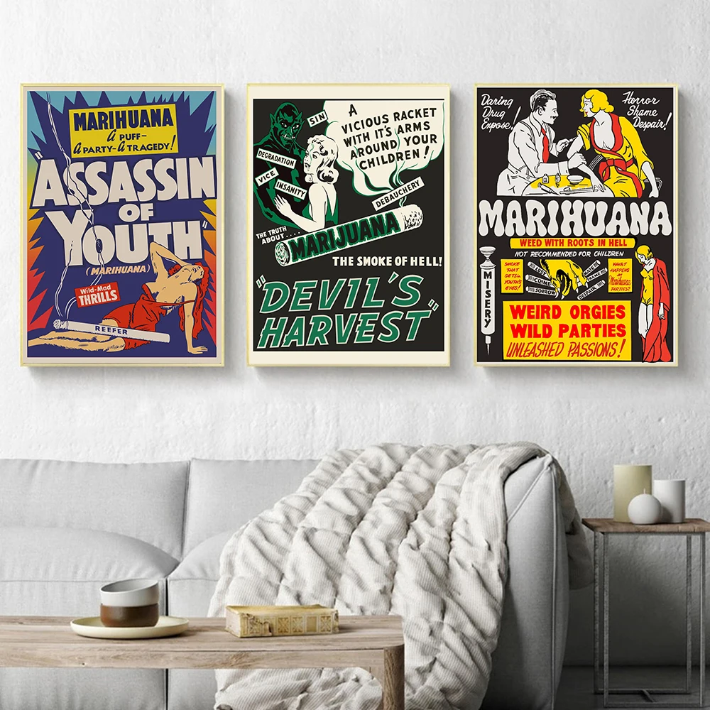 

Плакат в винтажном стиле Reefer Madness 1942 года, анти-Марихуана, дьяволы, урожай, дым ада, старомодная картина на холсте, настенное искусство