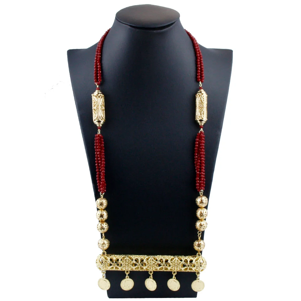 

Sunspicems Gold Color Algeria Morocco Necklace For Women Long Bead Chain Caftan Coin Necklace Africa Wedding Jewelry Bridal Gift