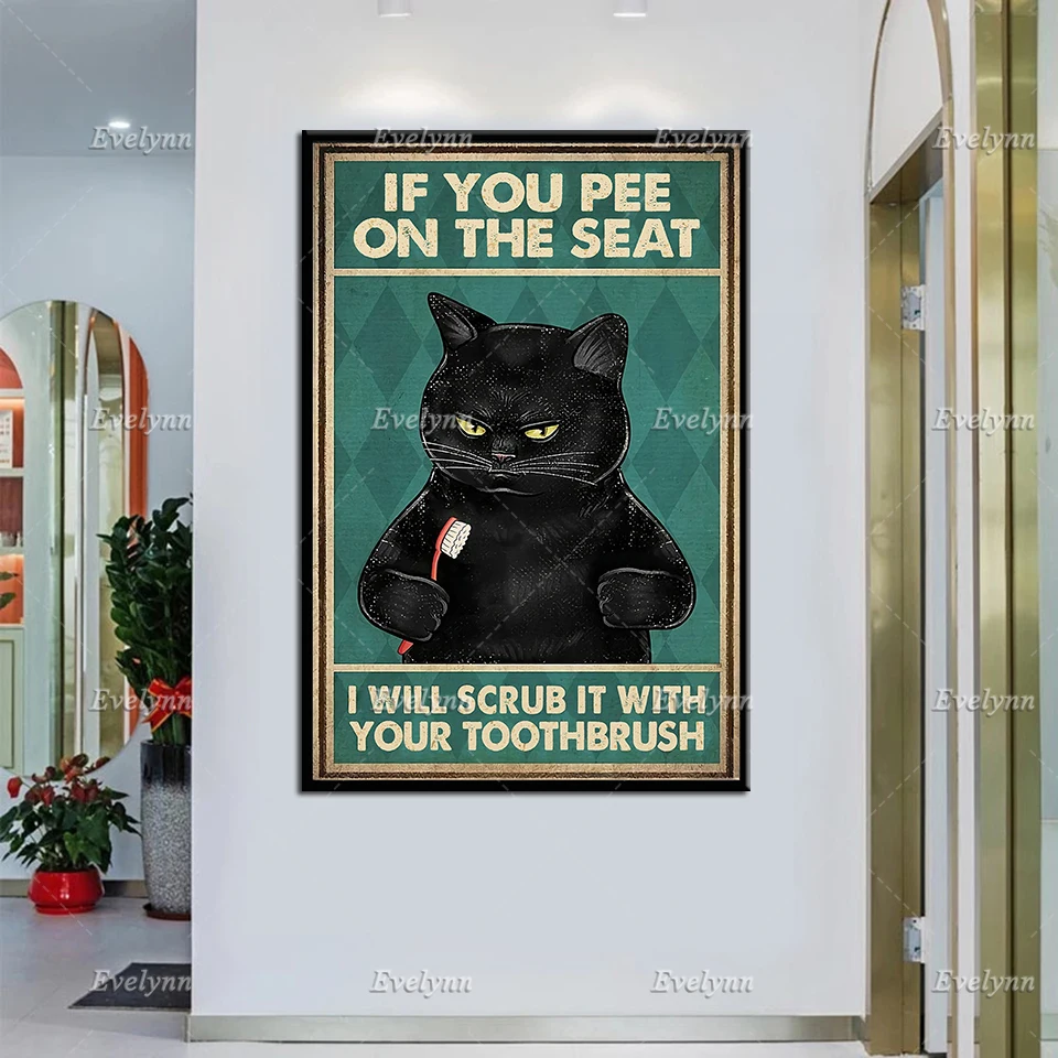 Black Cat Prints | If You Pee On The Seat I'll Scrub It With Your Toothbrush Vintage Poster, Funny Bathroom Decor, Home Decor