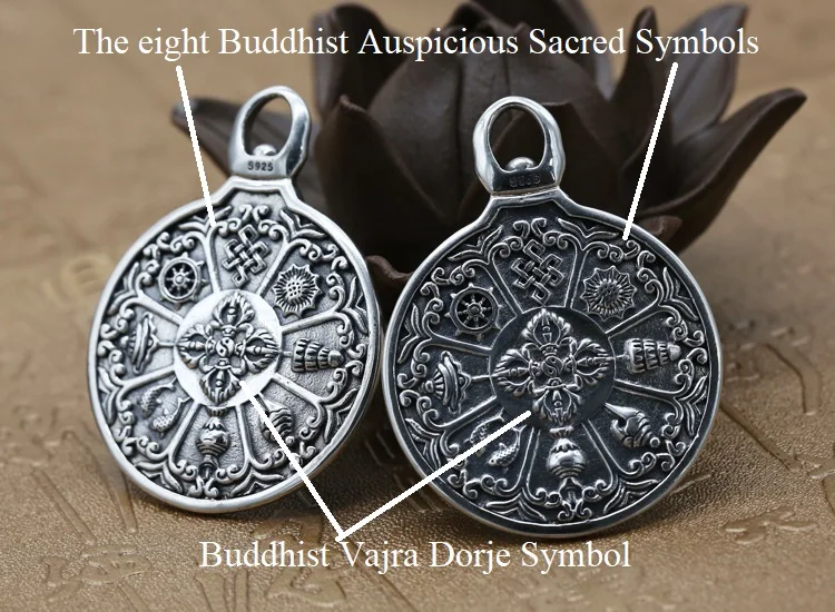 Real 925 Silver Tibetan Nine Direction Eight Symbols Pendant 925 Sterling Buddhist Auspicious Symbols Pendant  Tibetan Pendant