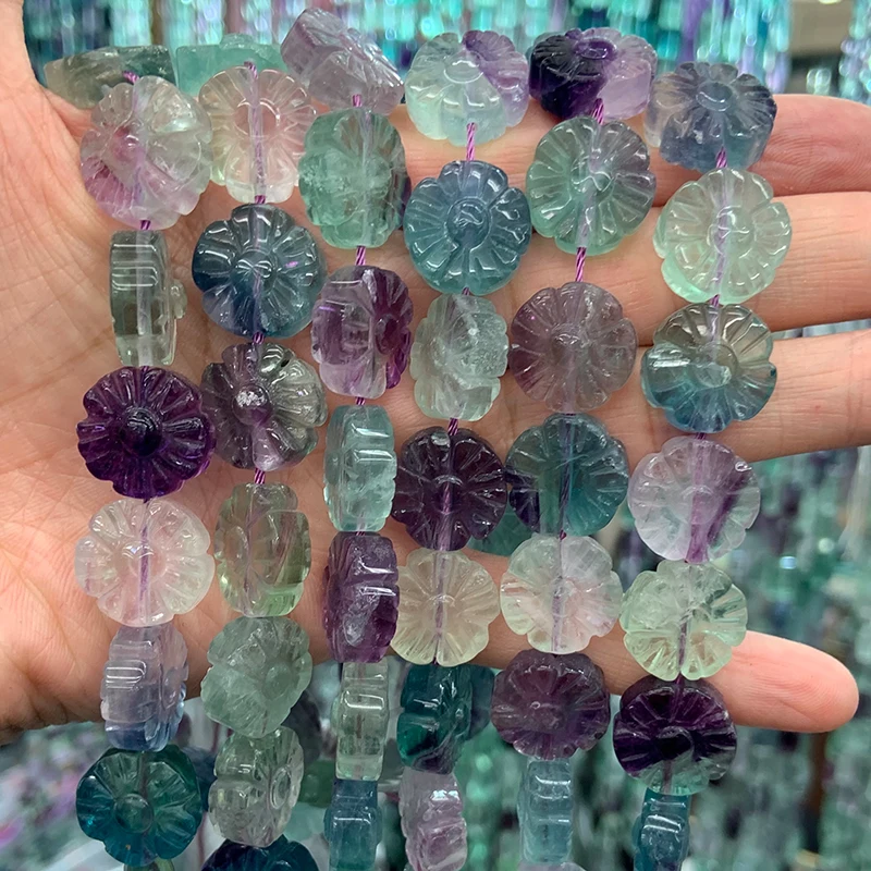 12mm Natural Fluorite Stone Beads 15\'\' Carved Flower DIY Loose Beads For Jewelry Making Women Beads Bracelet Necklace Gift