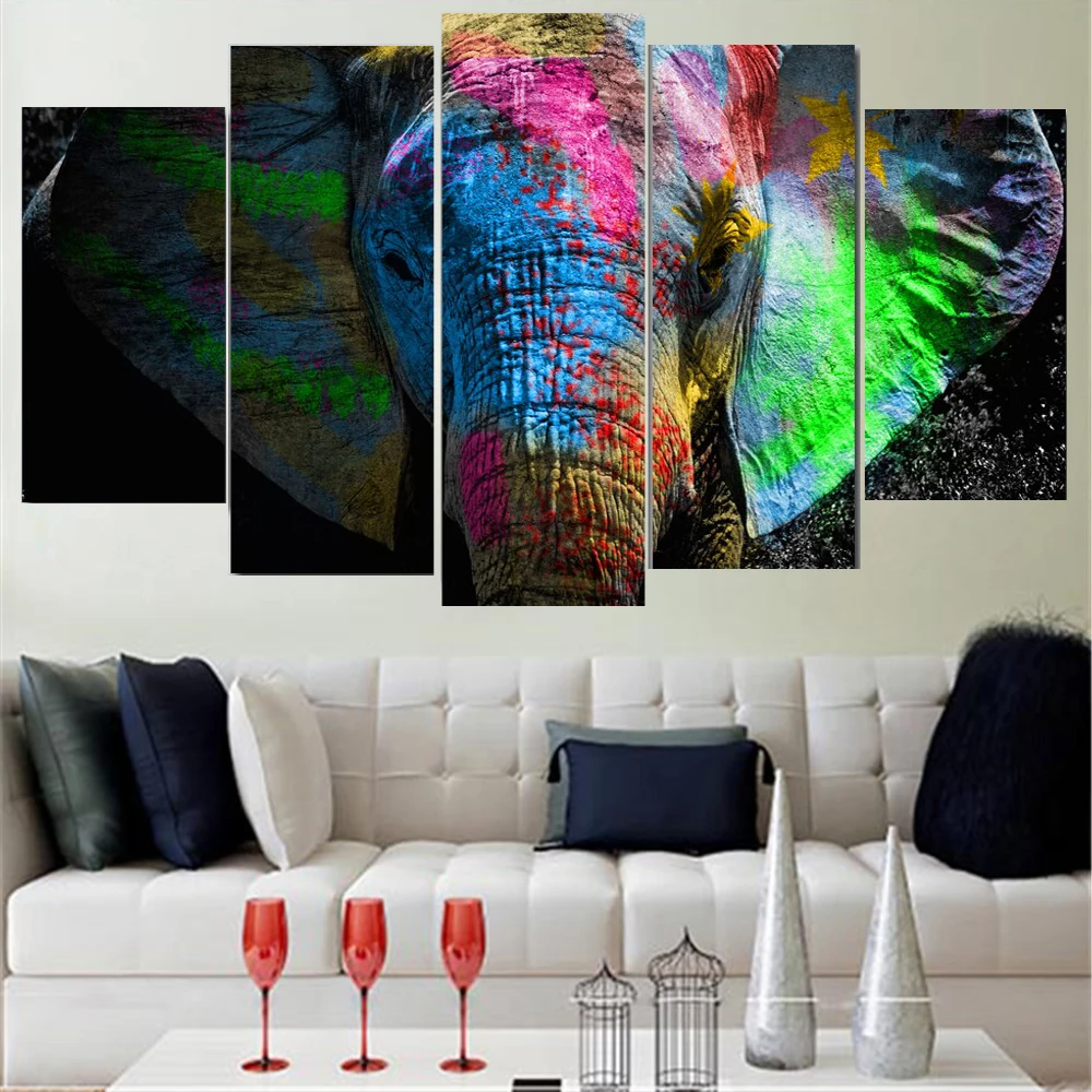 

5 Pieces Wall Art Canvas Painting Colorful Elephant Animal Poster Modern Home Living Room Bedroom Modular Framework Pictures