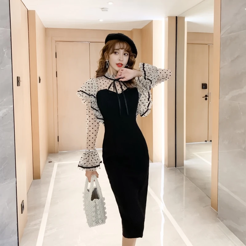 COIGARSAM Sexy Polka Dot Women one-piece dress korean Flare Sleeve High Waist Strapless Mesh Dresses Black 6867