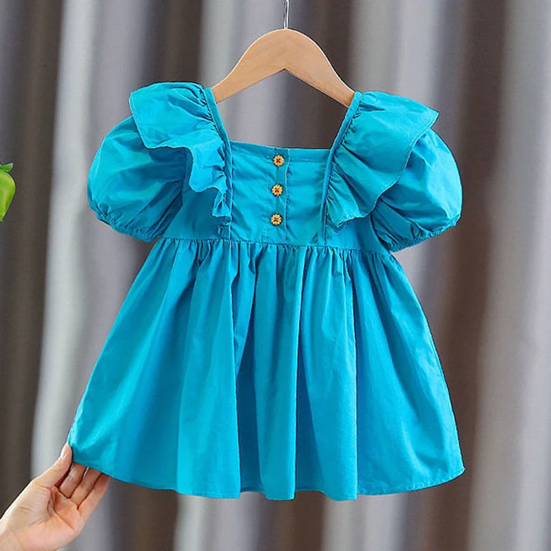 

Baby Girls Summer Dress Toddler Girls Clothes Ruffles Puff Sleeve Blue Dresses for Girls Casual Loose Dress Children Clothing